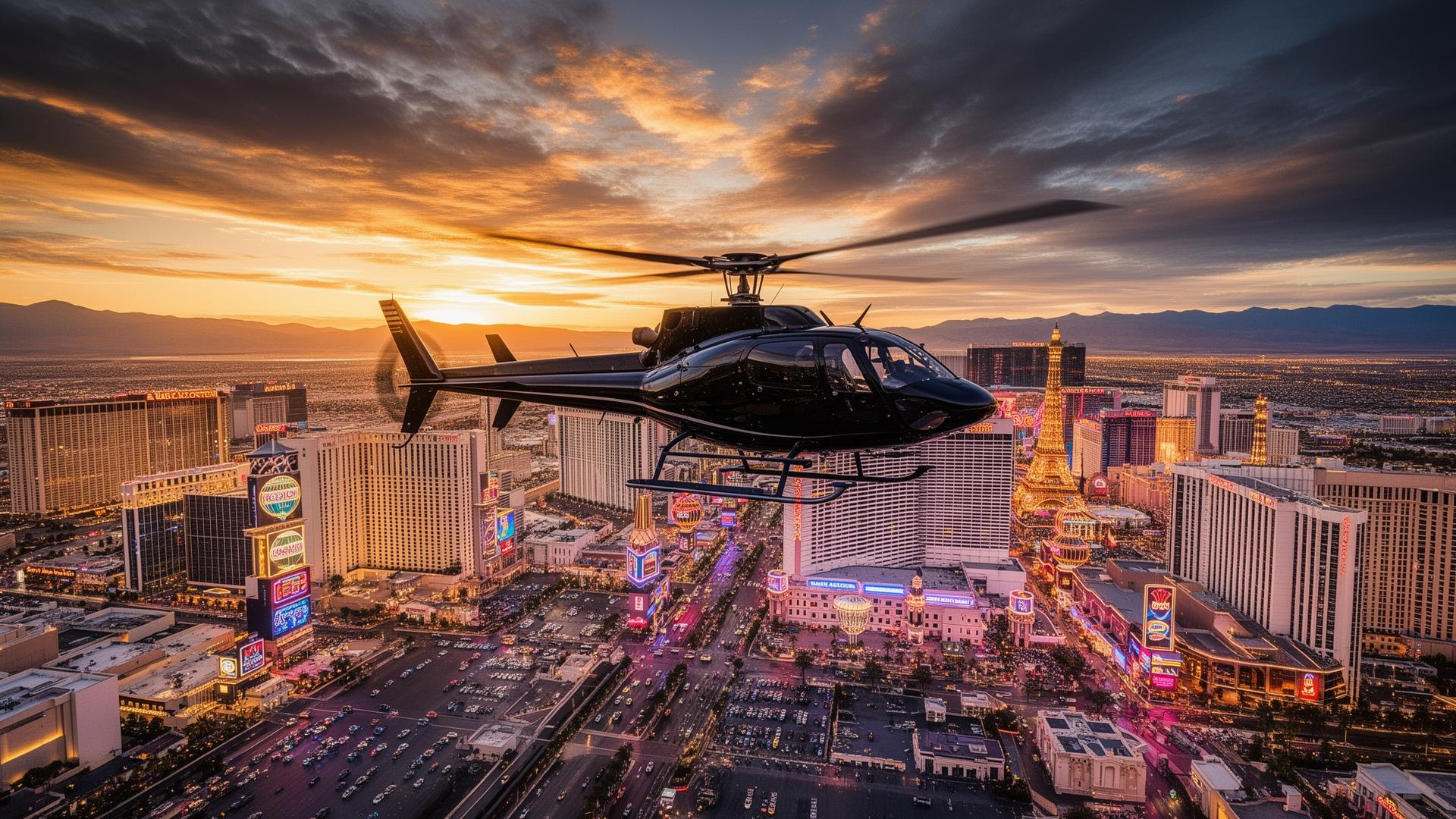 Helicopter flying over Las Vegas at sunset
